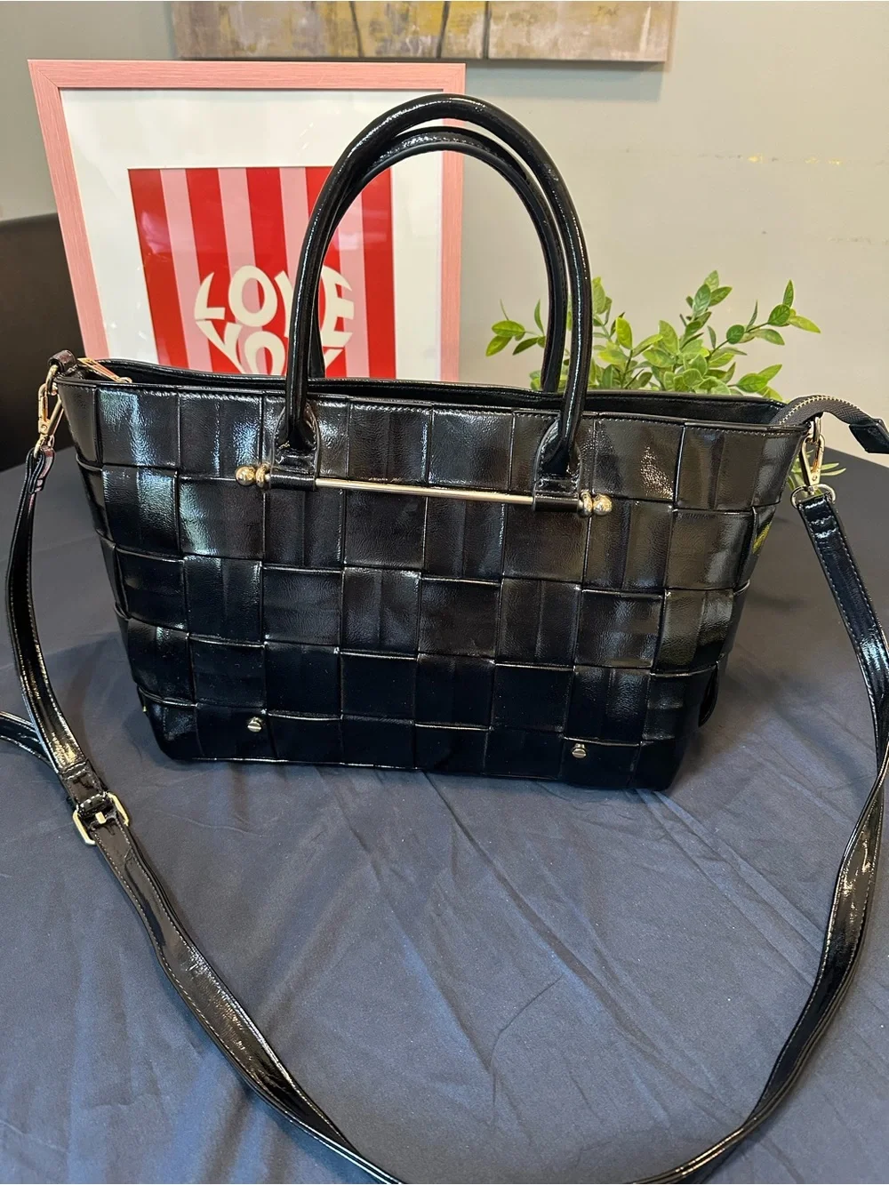 CATO Black Woven Satchel with Gold Accents and Crossbody Strap